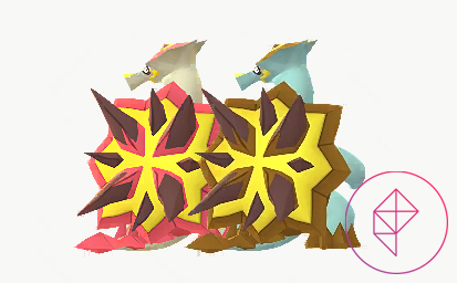 Turtonator, the turtle Pokémon, standing with its shiny form in Pokémon Go. Shiny Turtonator is green and brown.