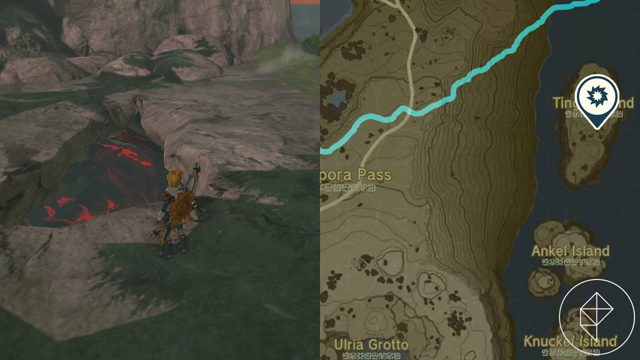 Link stands in front of a small crevice leading to a chasm on Tingel Island in Tears of the Kingdom.