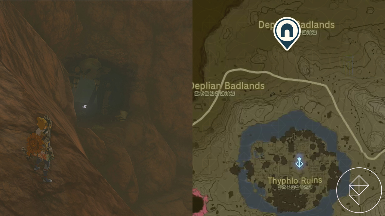 Link stands in front of a somewhat obscured cave entrance with some skulls decorating the doorway in Tears of the Kingdom