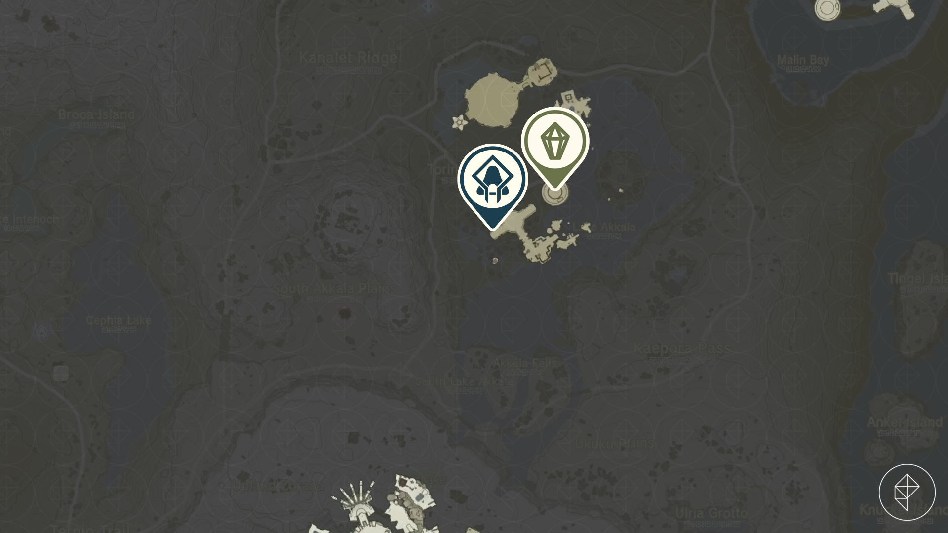 A map showing the Sokkala Sky Archipelago in Tears of the Kingdom, pointing out Natak Shrine in the west and the crystal in the east.