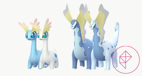 Amaura and Aurorus in Pokémon Go with their shiny forms. Both shiny forms turn pale.