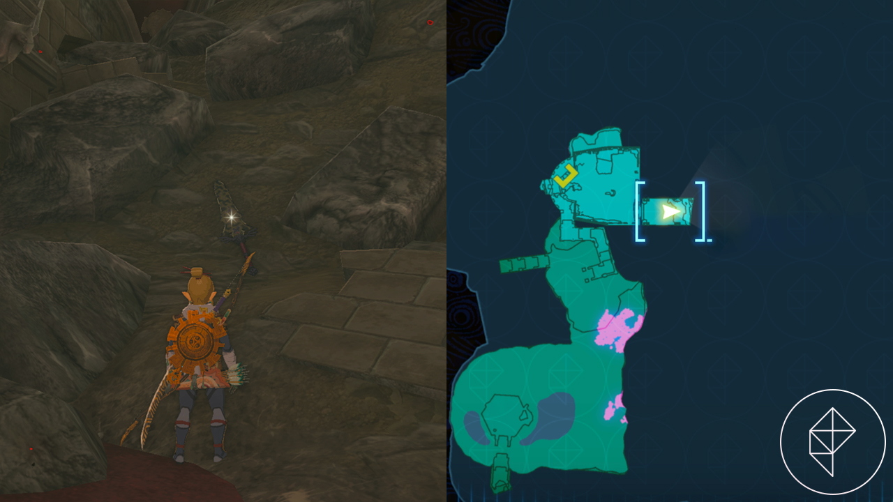 Link stands in front of some Hyrule Castle rubble with a glittering claymore on the ground in front of him in Tears of the Kingdom