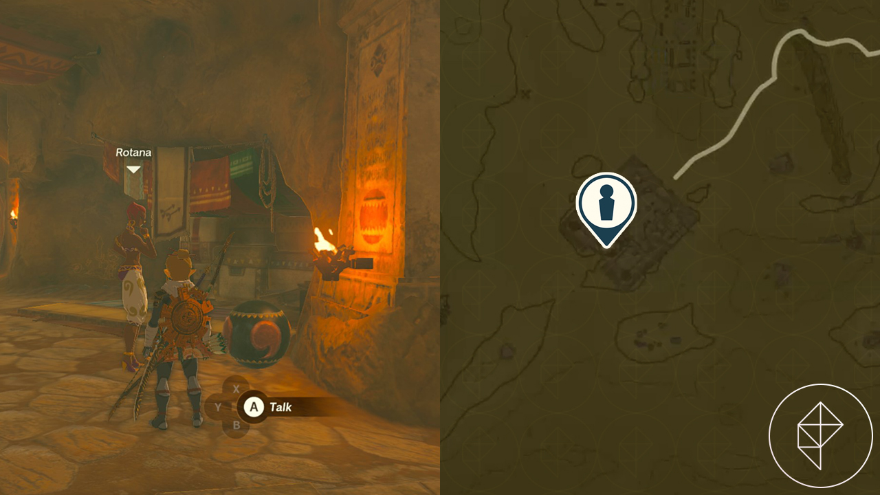 Rotana, a Gerudo woman in Tears of the Kingdom, who is looking for mysterious orbs, as she is found in the Gerudo Shelter