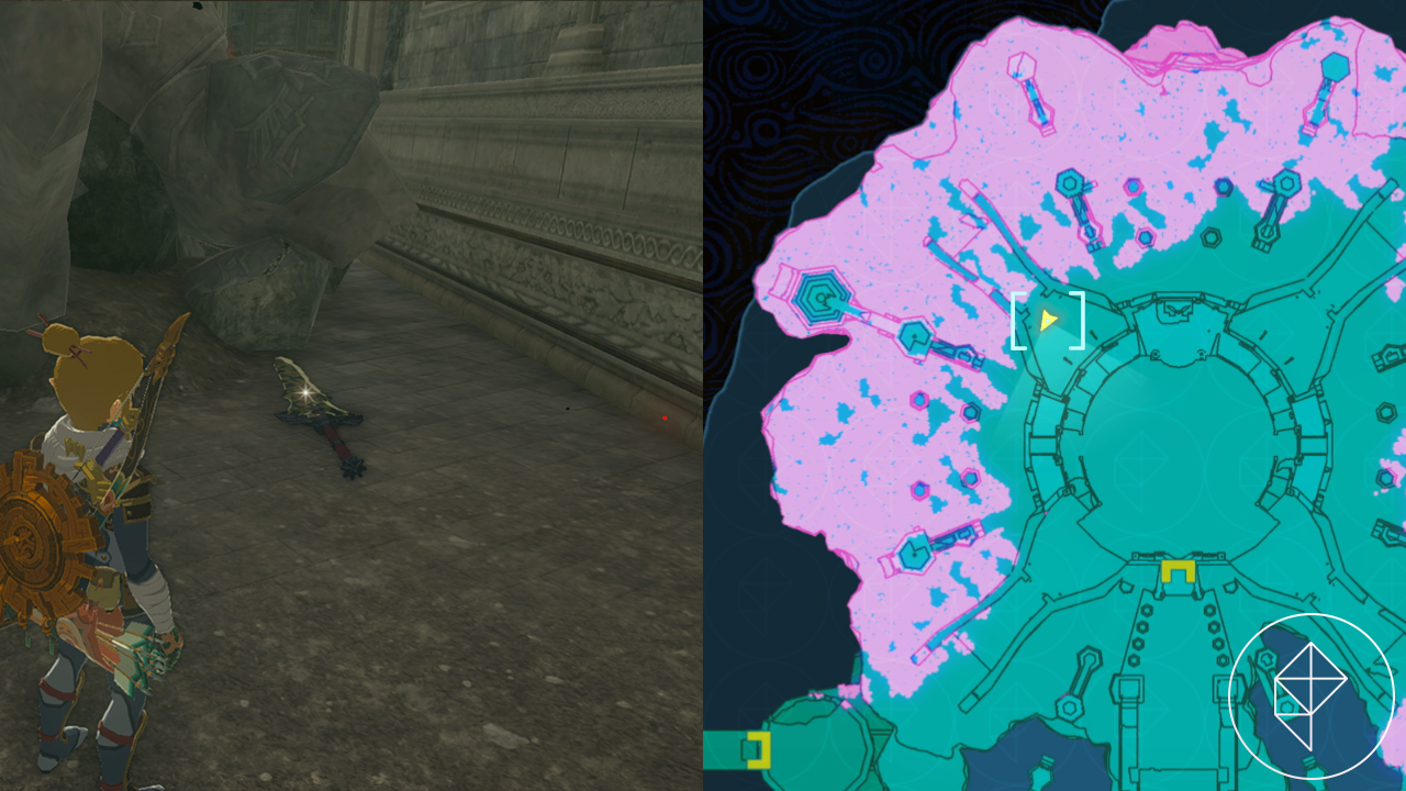 A map showing Link behind a crumbled statue in the Hyrule Castle throne room in Tears of the Kingdom