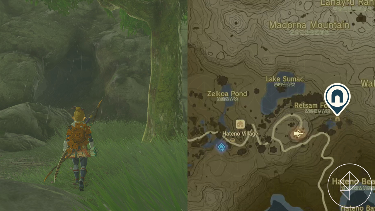 Link stands in front of the Walnot Mountain Cave in Tears of the Kingdom.