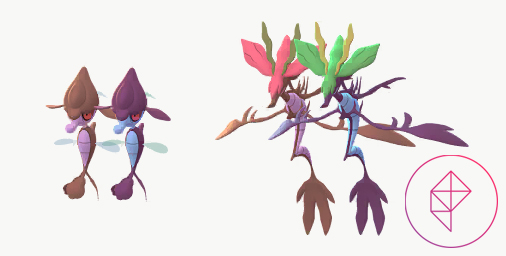 Skrelp and Dragalge in Pokémon Go with their shiny forms. Shiny Skrelp gets blue accents and shiny Dragalge gets blue and green accents.