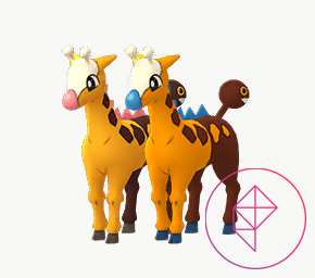 Girafarig and its shiny form in Pokémon Go, which as a blue nose and blue spikes.