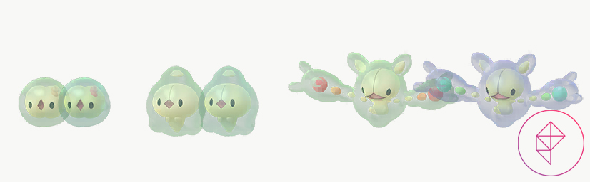 Shiny Solosis, Duosion, and Reuniclus in Pokémon Go. Solosis and Duosion are a slightly darker green and Reuniclus gets a blue gel around it with green features.
