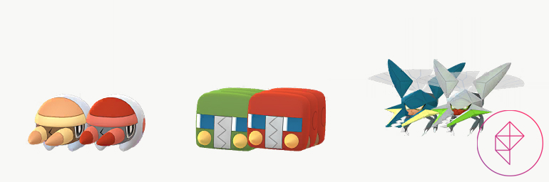 Shiny Grubbin, Charjabug, and Vikavolt with their regular forms. Shiny Grubbin turns red from orange, Charjabug is also red from green, and Vikavolt turns silver and green.