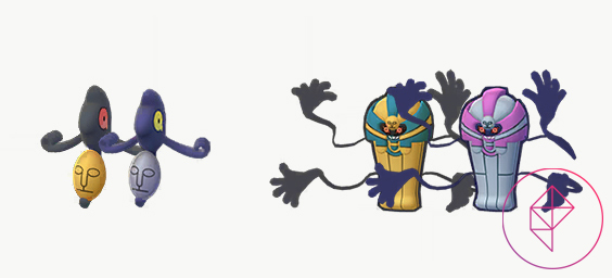Shiny Yamask and Cofagrigus with its regular forms in Pokémon Go. Both shiny forms turn silver from gold.