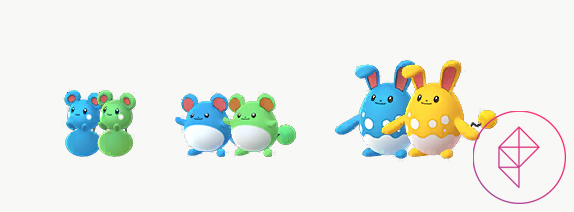 Shiny Azurill, Marill, and Azumarill in Pokémon Go. Both Azurill and Marill turn green from blue and Azurill turns gold.