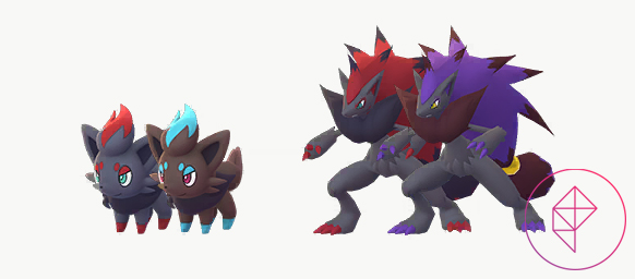 Shiny Zorua and Zoroark in Pokémon Go. Shiny Zorua turns brown with light blue accents and Zoroark gets purple fur instead of red.