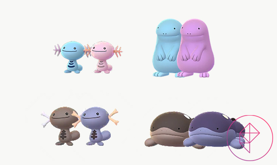 Both Paldean and regular Wooper, Clodsire, and Quagsire with their shiny forms. Shiny Wooper and Quagsire turn pink, shiny Paldean Wooper and Clodsire turn a deep purple.