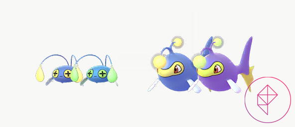 Shiny Chinchou and Lantern in Pokémon Go. Shiny Chinchou gets a green tint and shiny Lanturn turns a light purple.