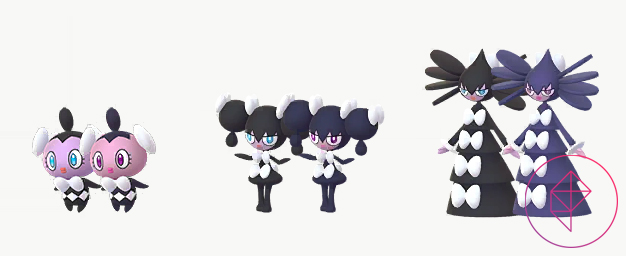 Shiny Gothita, Gothorita, and Gothitelle in Pokémon Go. Shiny Gothita and Gothorita get red eyes and shiny Gothitelle turns a deep purple.