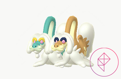Drampa with its shiny version in Pokémon Go. Shiny Drampa is golden with darker blue eyebrows.