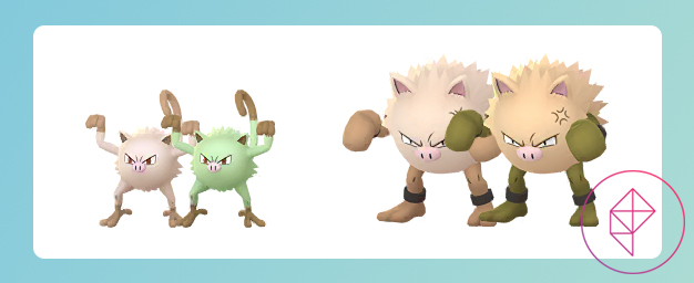 Mankey and Primeape with their shiny versions in Pokémon Go