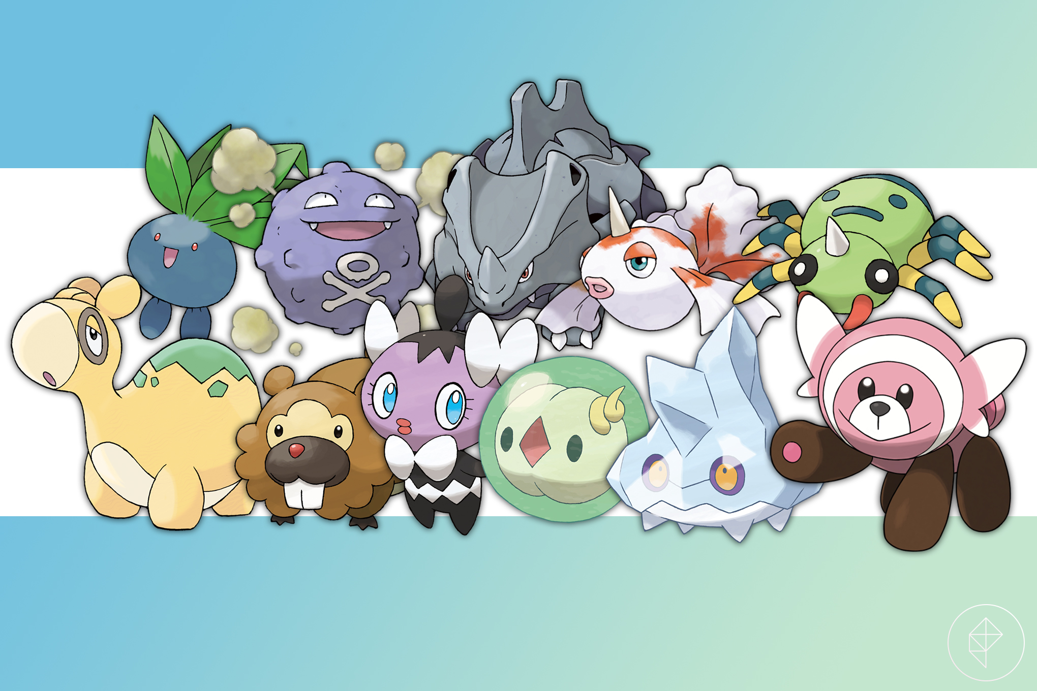 Oddish, Koffing, Rhyhorn, Goldeen, Spinarak, Numel, Bidoof, Gothita, Solosis, Bergmite, and Stufful on a gradient background