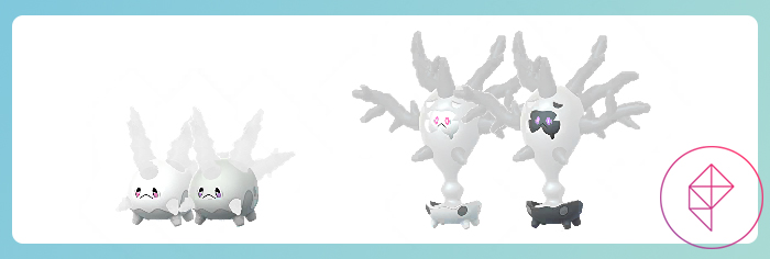 Galarian Corsola and Cursola with their shiny forms, which both get darker innards.