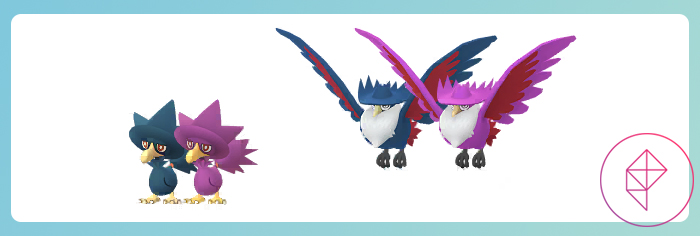 Shiny Murkrow and Honchkrow with their regular forms in Pokémon Go. Both versions turn a magenta-pink.