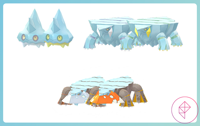 Shiny Bergmite, Avalugg, and Hisuian Avalugg in Pokémon Go. Shiny Bergmite and Avalugg turn yellow under their icy shells and Hisuian Avalugg gets orange accents.