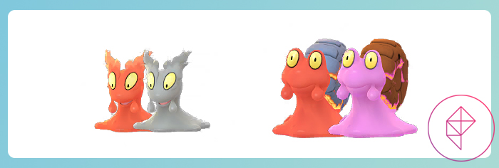 Shiny Slugma and Magcargo in Pokémon Go. Shiny Slugma is silver and Shiny Magcargo is pink.