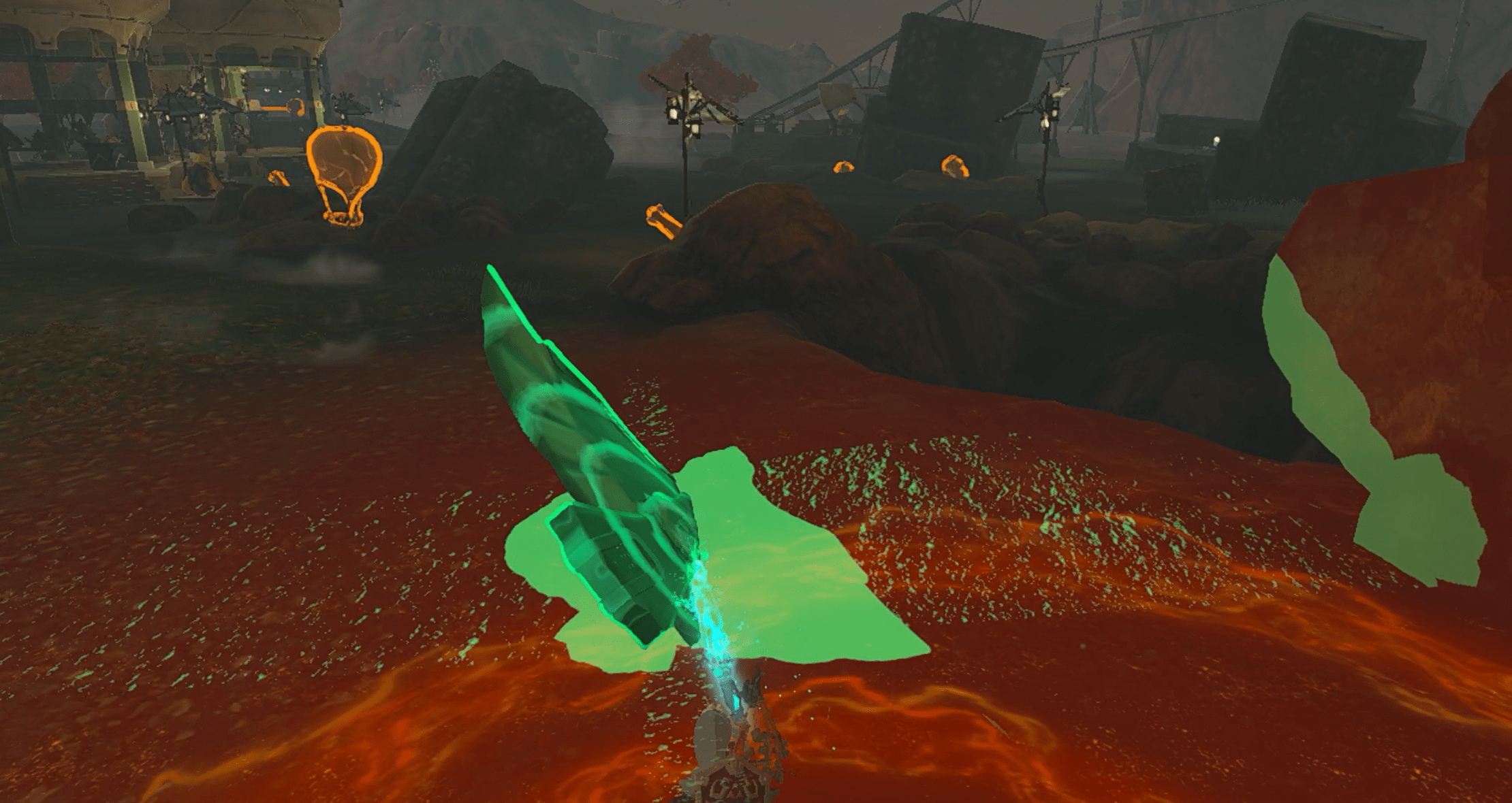 Link uses his Ultrahand ability to remove a glider from rocks in Zelda: Tears of the Kingdom