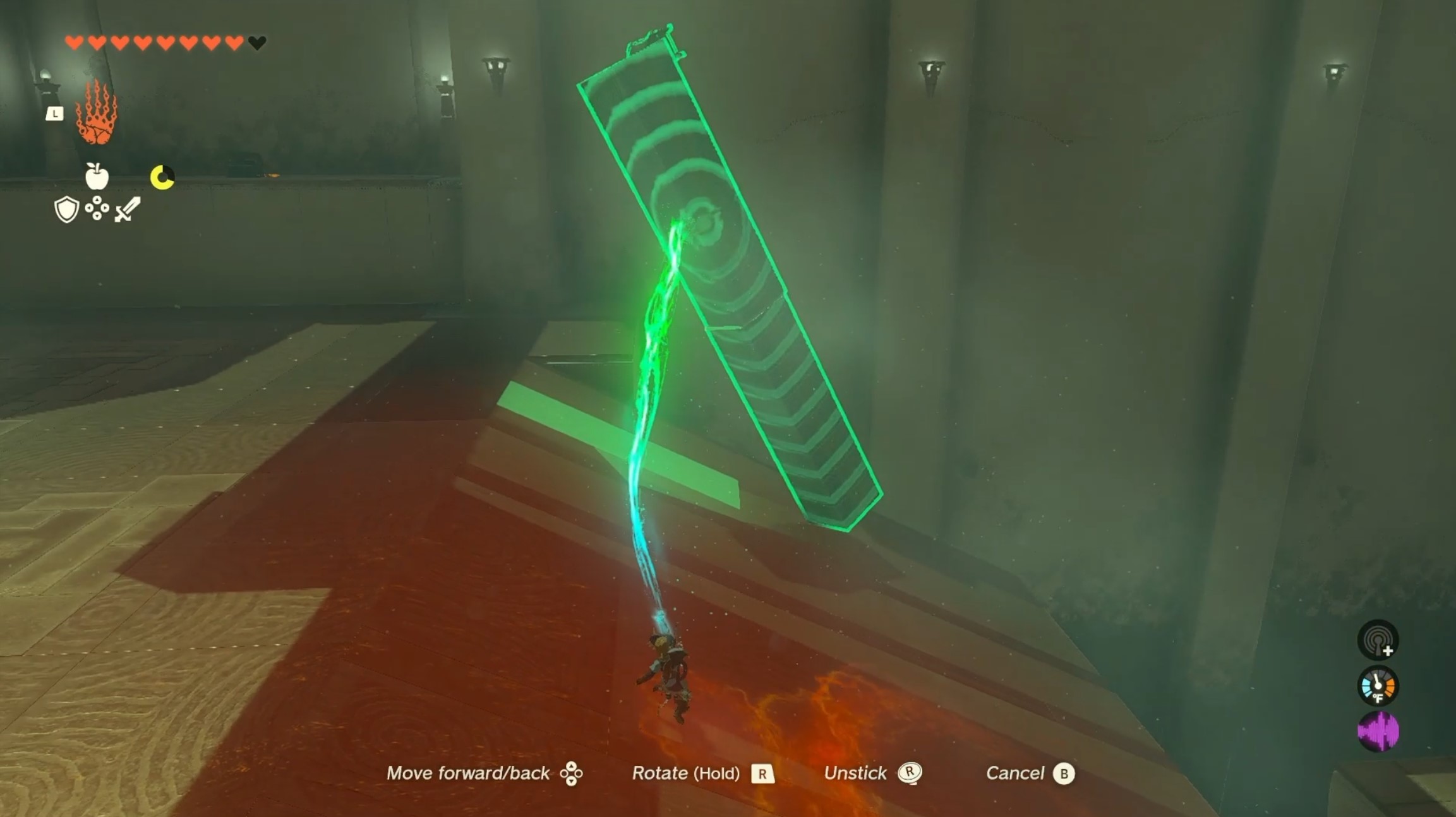 Link raises two blocks in the air with Ultrahand. A treasure chest is stuck to one end.