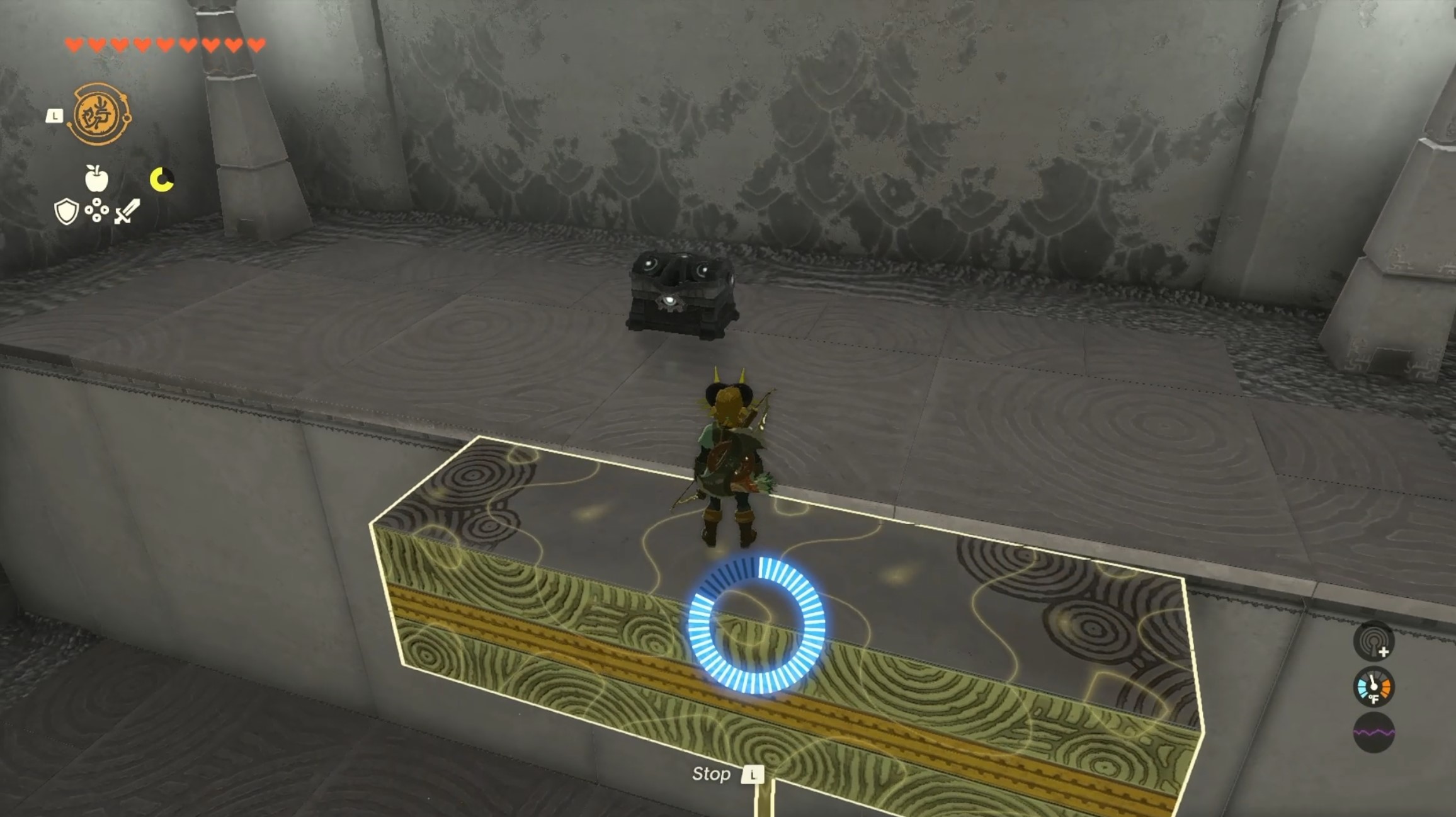 Link uses Recall to ride a block up to a ledge where a treasure chest is waiting in the Jochi-iu Shrine in Zelda: Tears of the Kingdom.