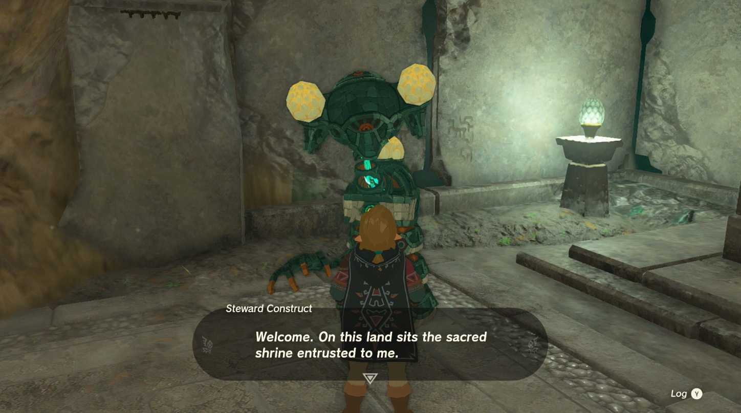 Link talks to a Steward Construct about the “Keys Born of Water” shrine quest