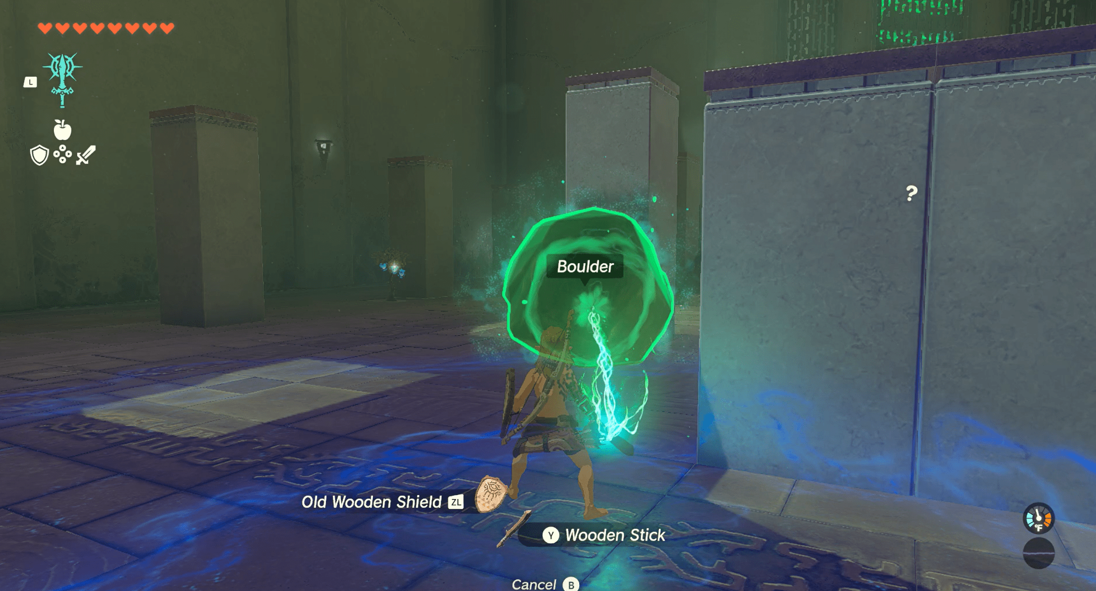 Link fusing a boulder to his stick in the Kamizun Shrine in The Legend of Zelda: Tears of the Kingdom
