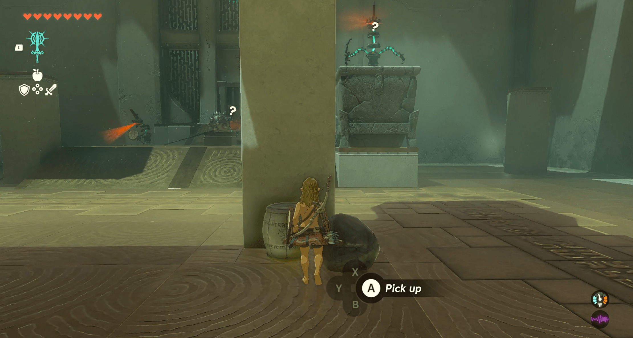 Link hiding behind a wall, as three enemies lurk in the background of the Kamizun Shrine in The Legend of Zelda: Tears of the Kingdom