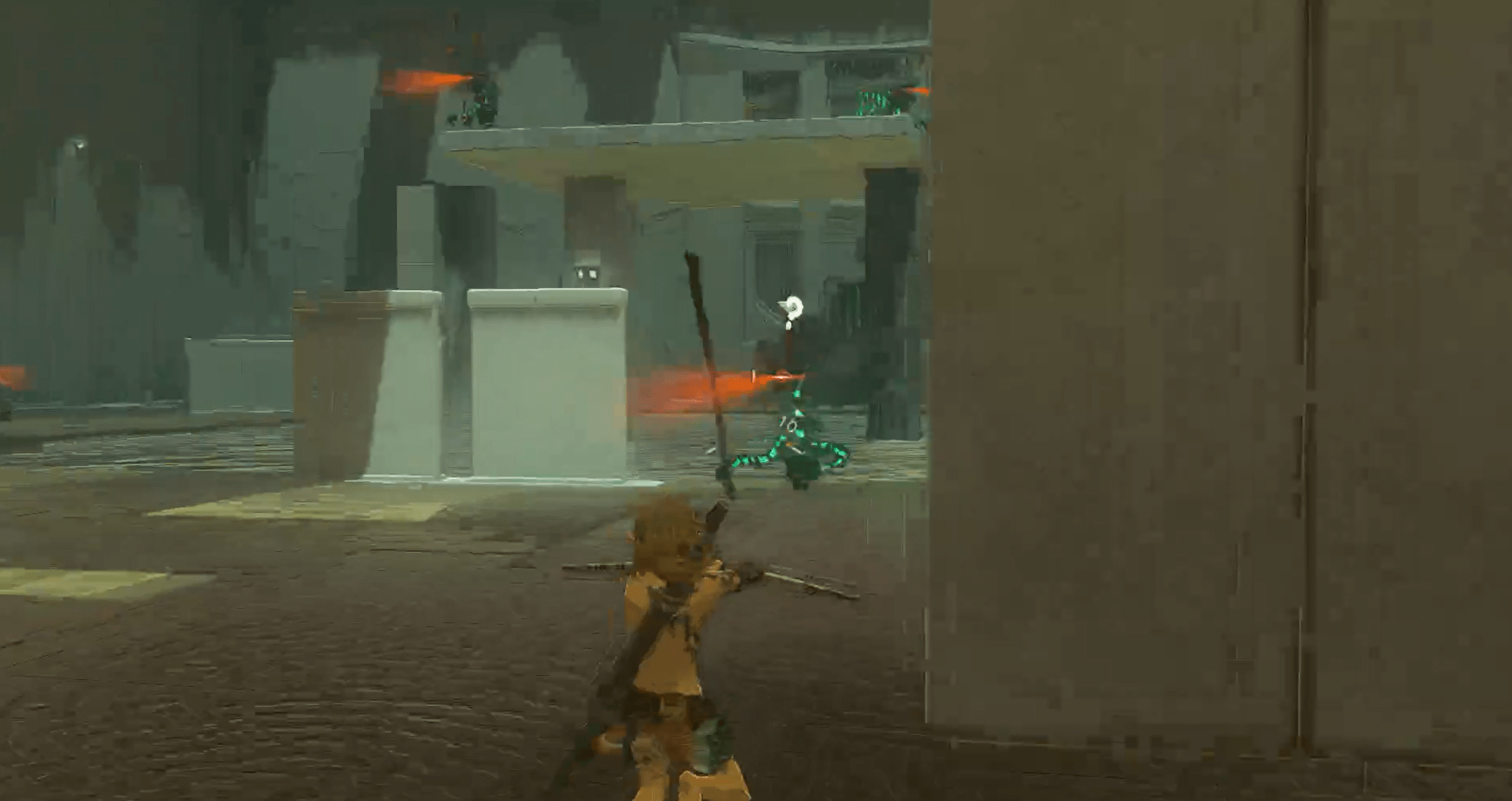 Link points an arrow at a construct in Zelda: Tears of the Kingdom