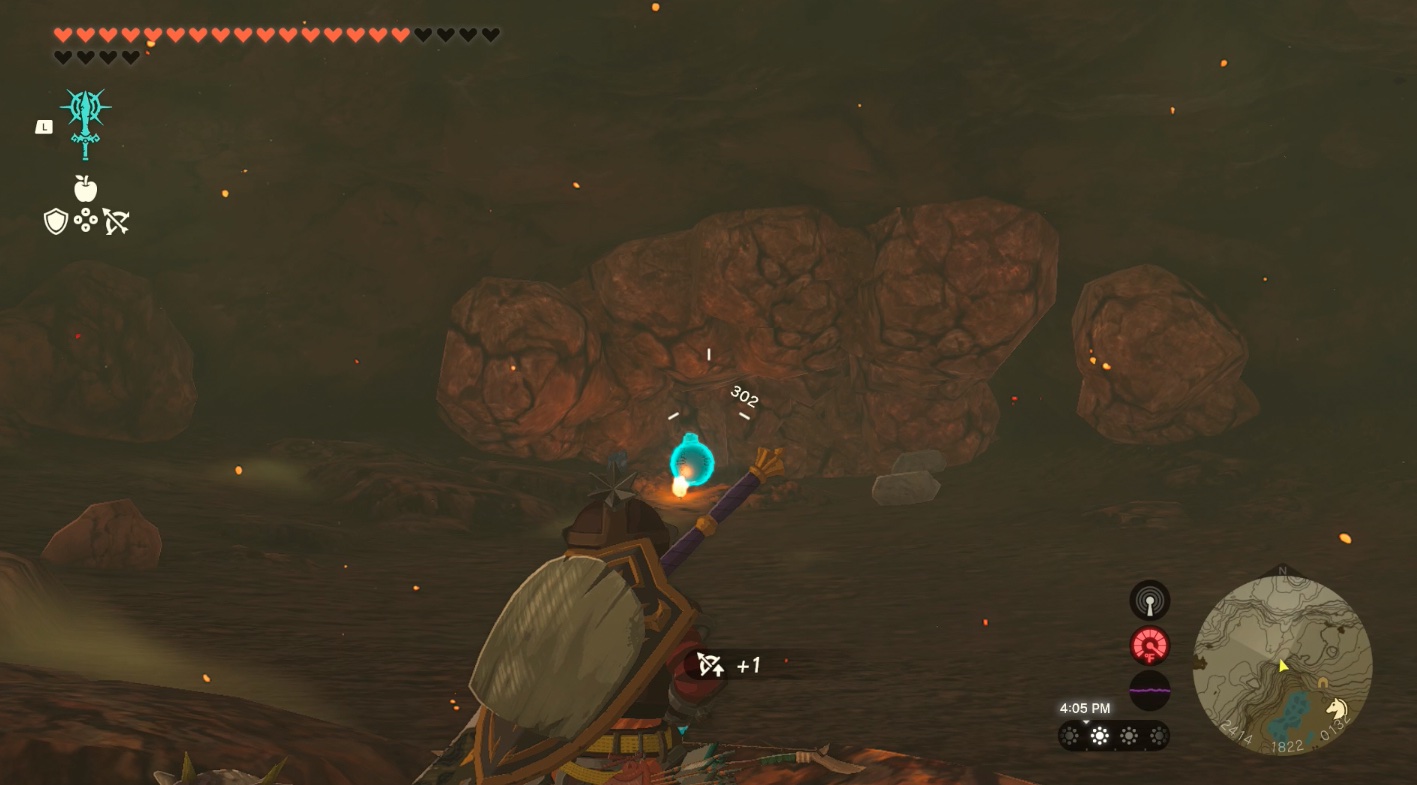 Link blows up some boulders in Lake Intenoch Cave toward Moshapin Shrine in Zelda: Tears of the Kingdom