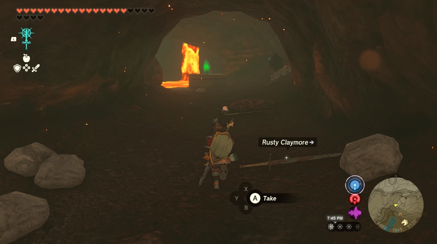 Link runs toward a green shrine crystal and a lava lake in Lake Intenoch Cave toward Moshapin Shrine in Zelda: Tears of the Kingdom