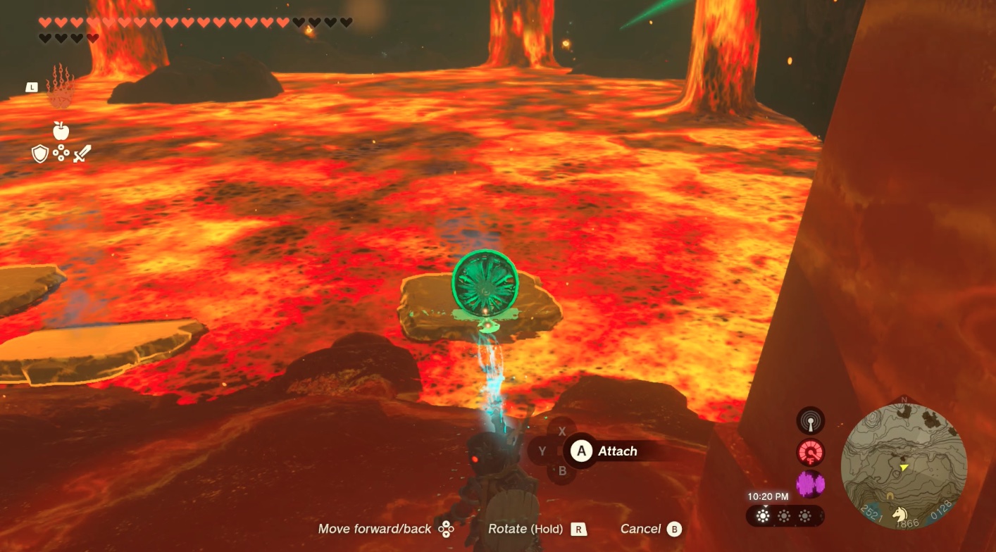 Links builds a lava boat with a fan in Lake Intenoch Cave toward Moshapin Shrine in Zelda: Tears of the Kingdom