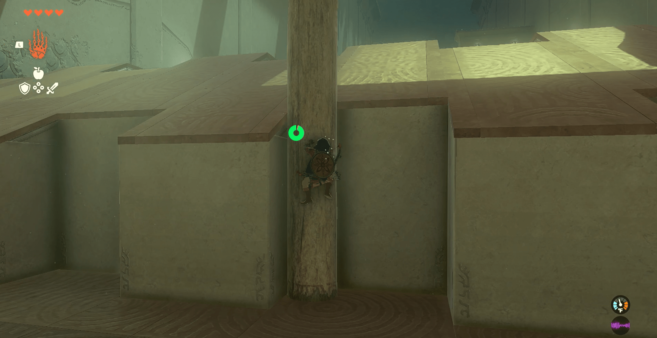 Link climbing a log to get to a raised platform in The Legend of Zelda: Tears of the Kingdom