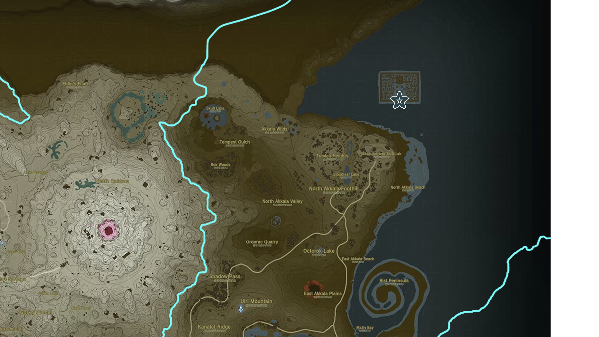 The Lomei Labyrinth Island shown on the TOTK map, marked by a star.