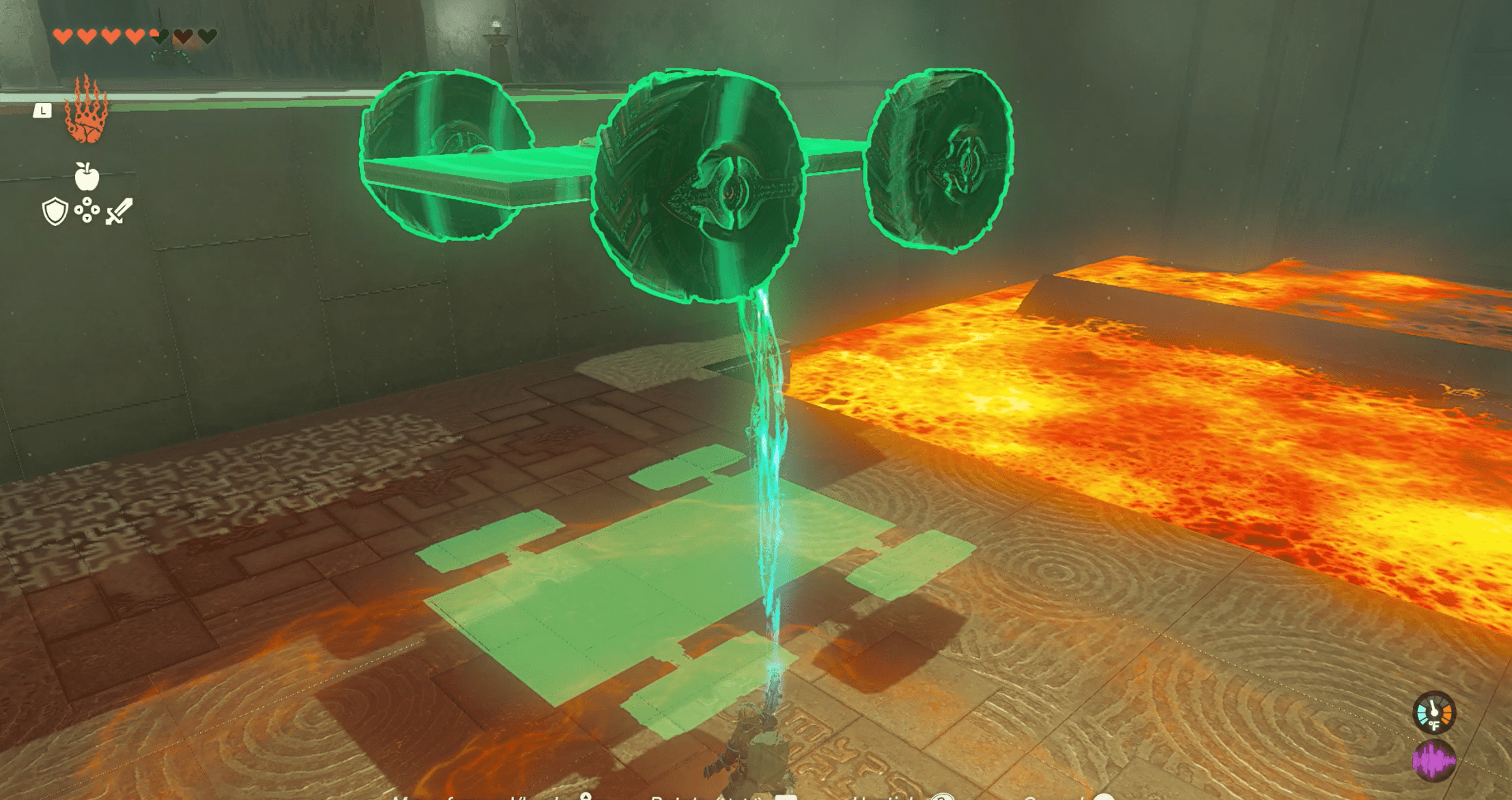 Link raising the car to the ledge in The Legend of Zelda: Tears of the Kingdom’s Marakuguc Shrine.