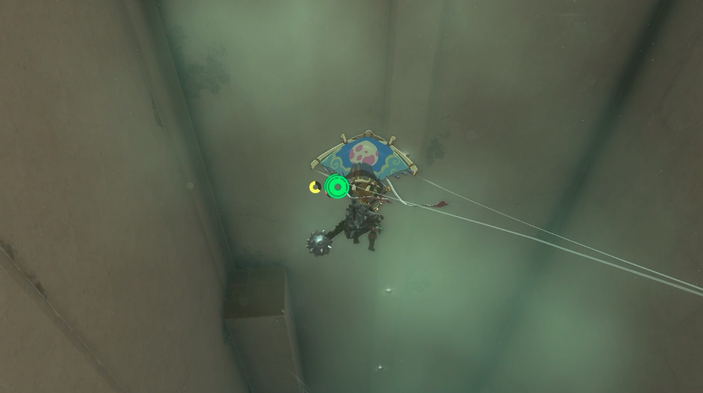 Link paraglides in the Mayak Shrine in Zelda: Tears of the Kingdom