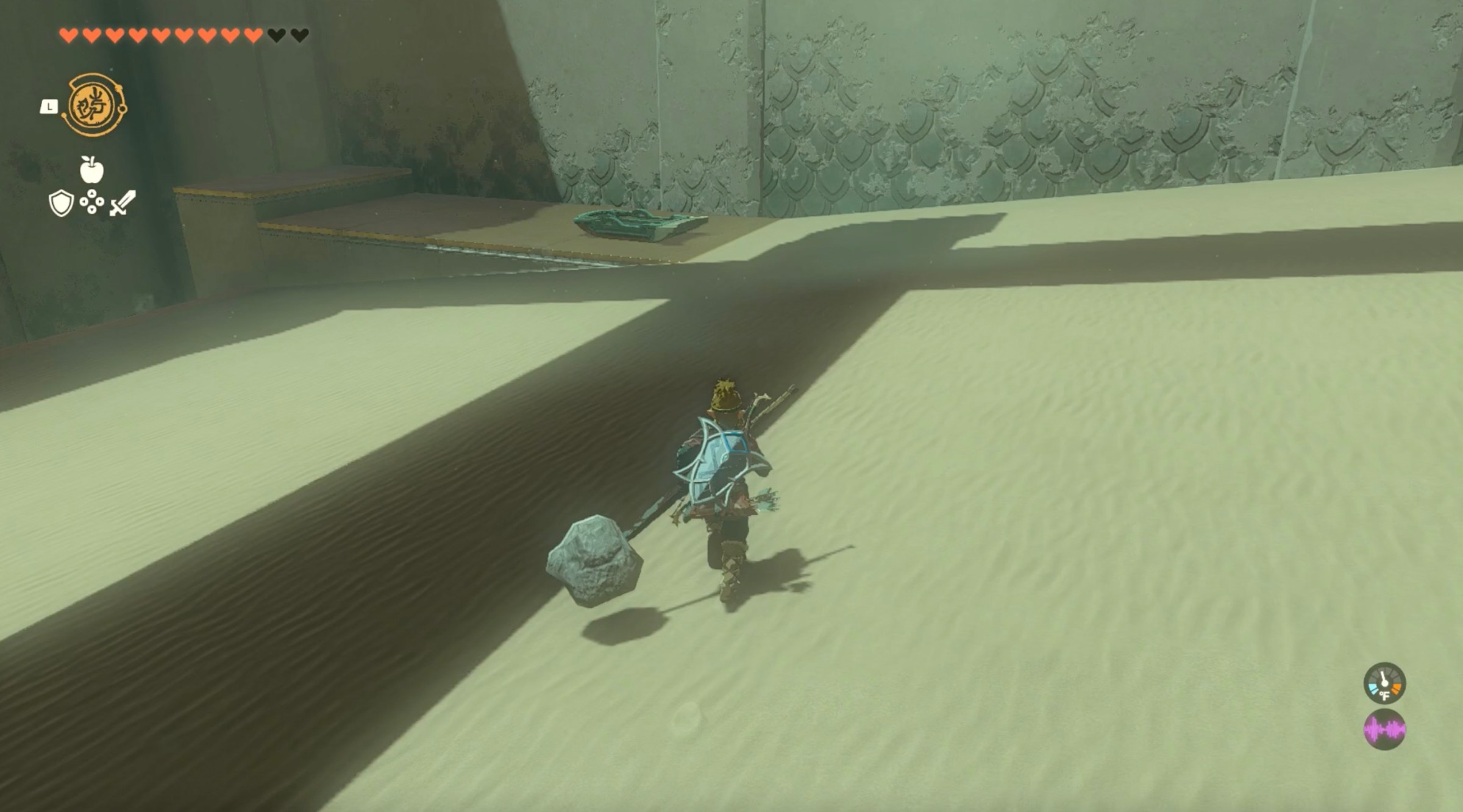 Link runs toward a platform with a sled on it in the Mayatat Shrine in Zelda: Tears of the Kingdom.