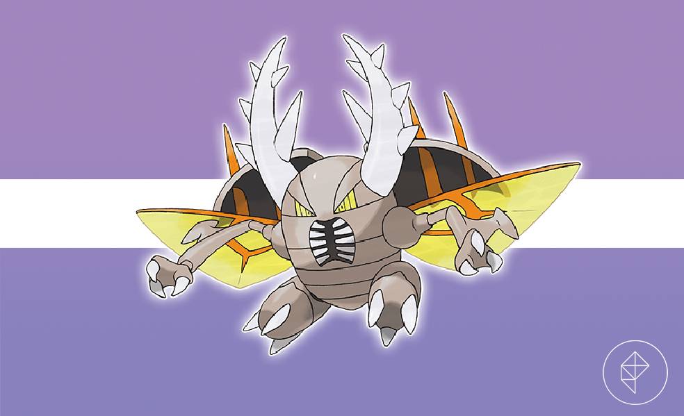 Pokémon Mega Pinsir on a purple and white background