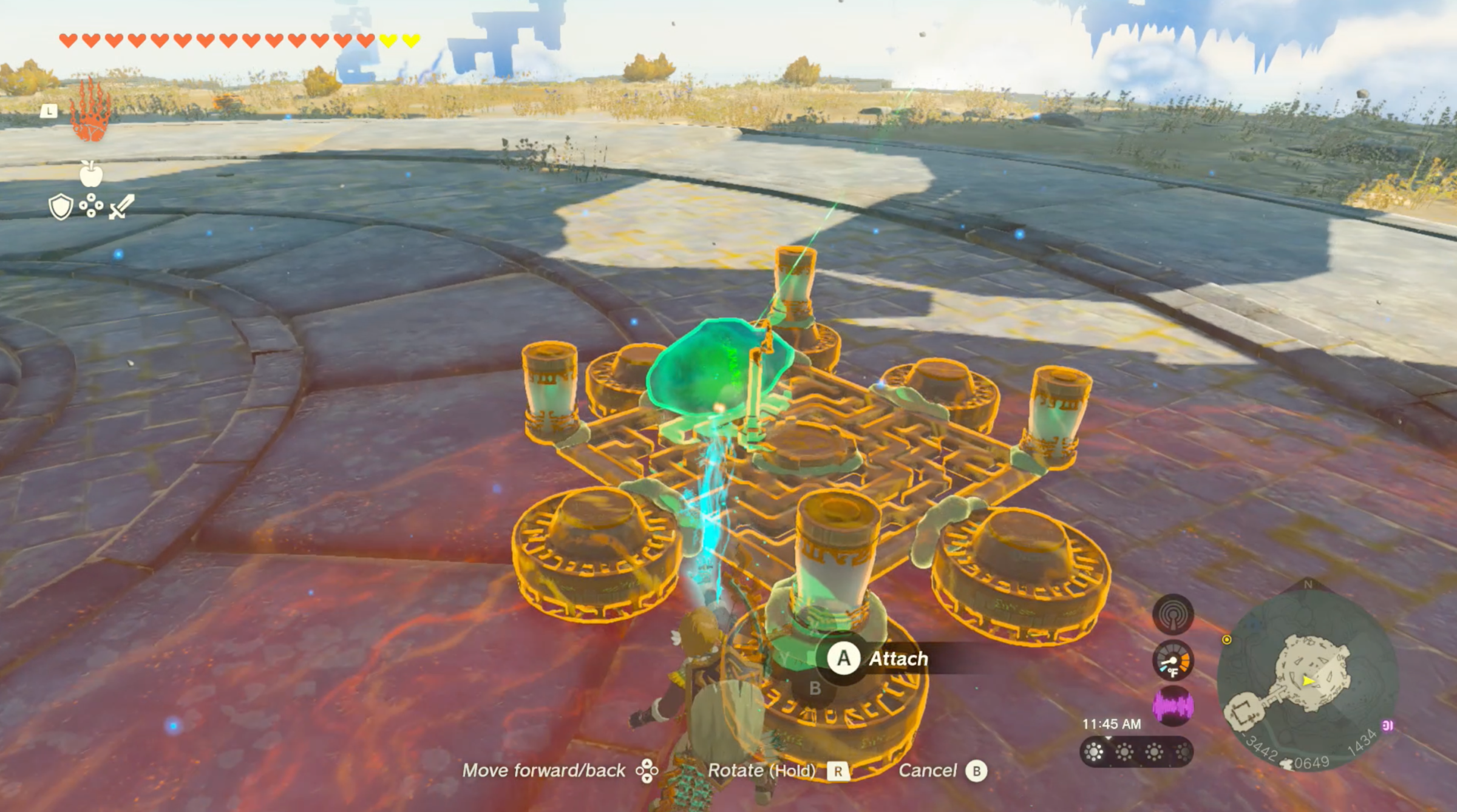 An image of a hovercraft in The Legend of Zelda: Tears of the Kingdom. The machine has six fans and four batteries and a rock. Link is using Ultrahand to build it.