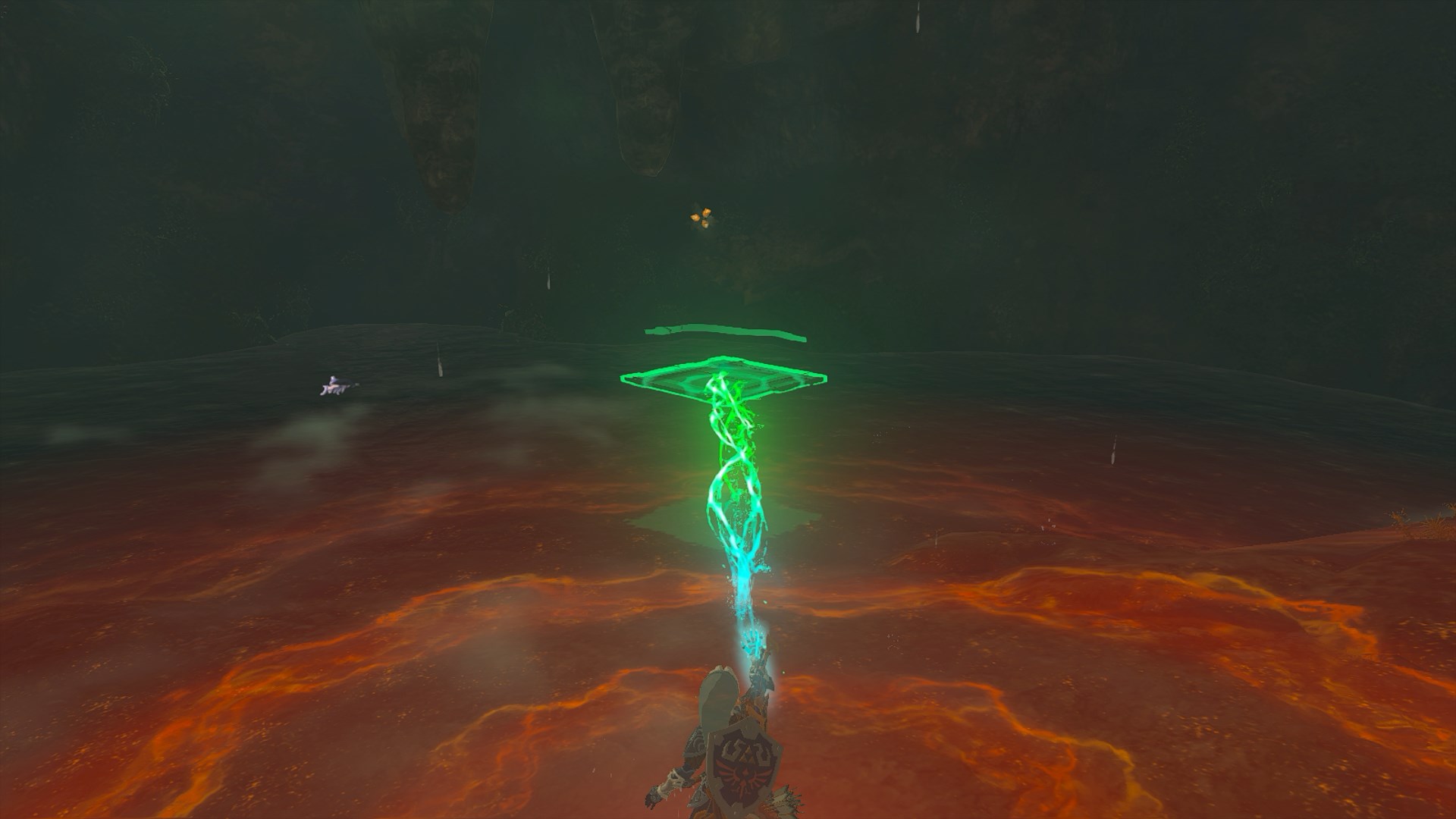 Placing a wooden pallet on the water in the Mount Dunsel Cave to reach the Bamitok Shrine in The Legend of Zelda: Tears of the Kingdom