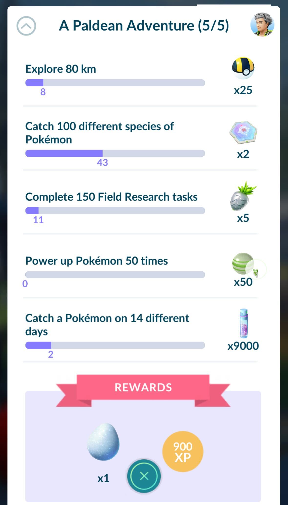 A list of quest steps for A Paldean Adventure 5/5 in Pokémon Go.