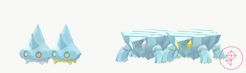 Bergmite and Avalugg with their shiny forms. The inside part of both Pokémon turn yellow when shiny.