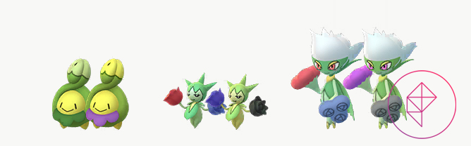 A comparison between Shiny Budew, Roselia, and Roserade. Shiny Budew’s bib is purple instead of green, Shiny Roselia’s flowers are blue and black instead of red and blue, and Shiny Roserade’s flowers are purple and black instead of red and blue.