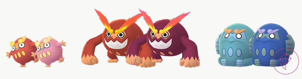 Shiny Darumaka and Darmanitan in Pokémon Go. Shiny Darumaka is a lighter pink and Shiny Darmanitan is a darker red. Zen Darmanitan is a darker blue.