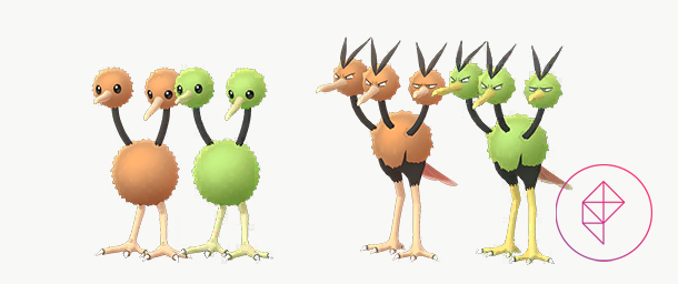 Normal and Shiny Doduo and Dodrio. Instead of brown, the Shiny forms are a lime green.