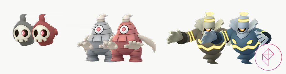 Shiny Duskull, Dusclops, and Dusknoir with their regular forms. Shiny Duskull and Dusclops turn red, whereas Shiny Dusknoir gets a blue wash over it.